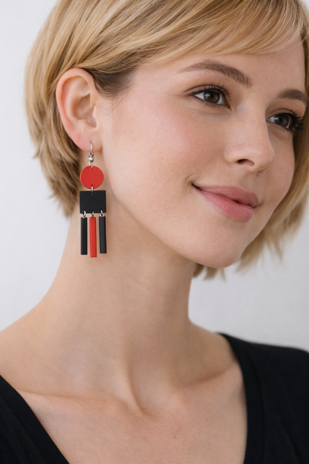 Serene Boutique Geometric Asymmetrical Earrings – Hand-Painted Wood, Varnish finish & 925 Sterling Silver Hooks