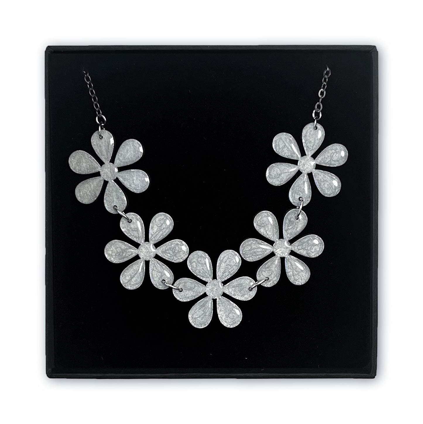 Silver Shimmer Flower Blossom Necklace – Resin Finished