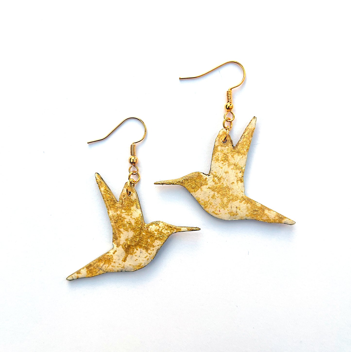 Gold & White Hand-Painted Wooden Hummingbird Earrings – Lightweight Laser-Cut Design with Gold-Plated Sterling Silver 925 Hooks