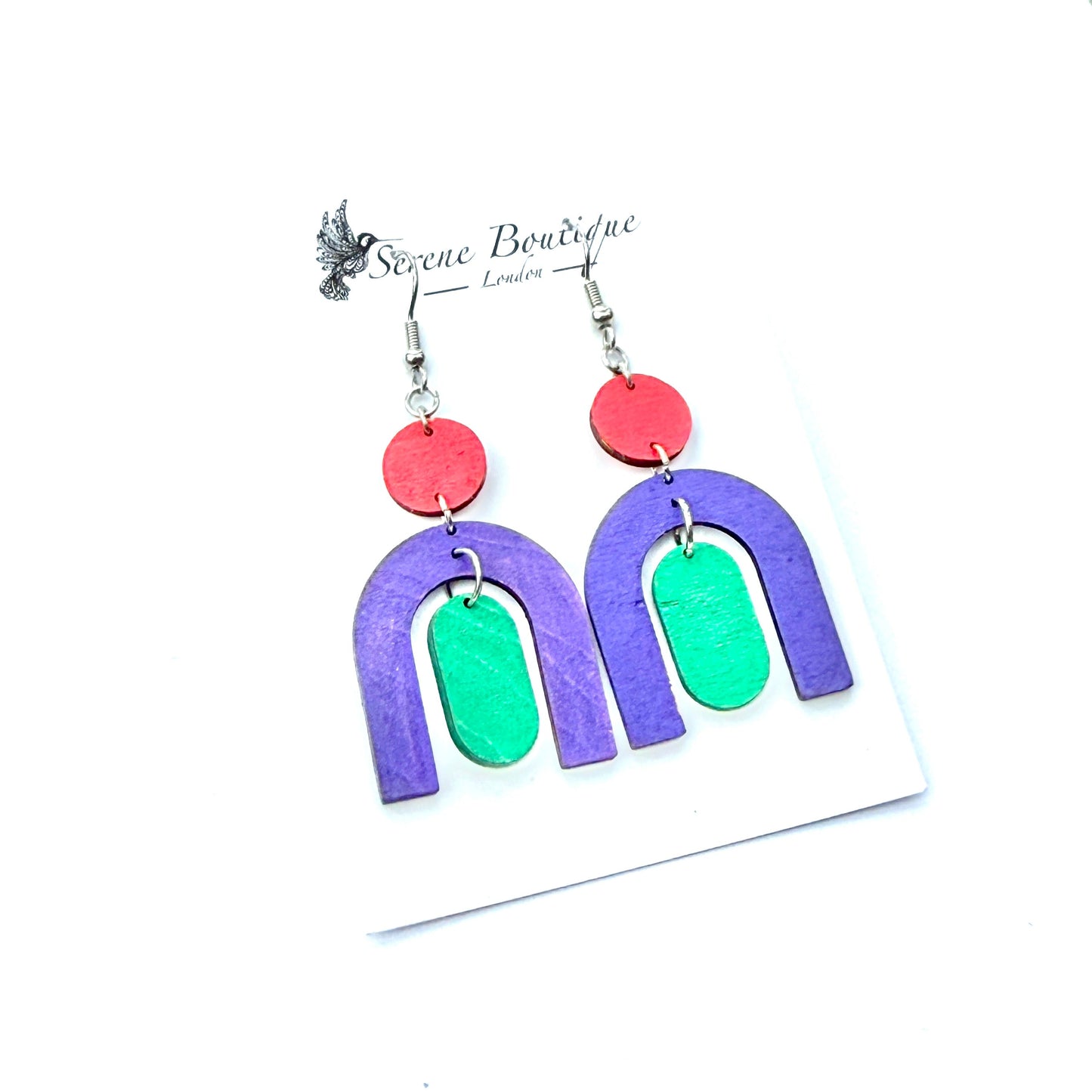 Serene Boutique Geometric Earrings – Red Green Blue Hand-Painted Wood, Varnish finish & 925 Sterling Silver Hooks