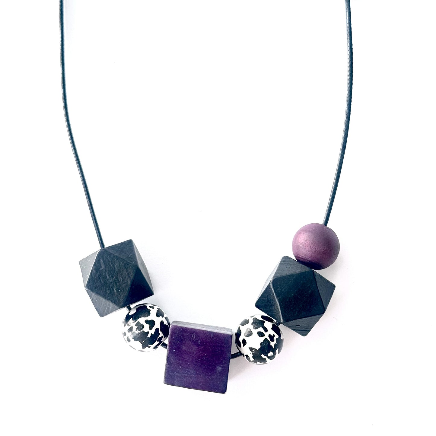 Bold Geometry Bead Necklace – Hand-Painted Chunky Statement on Adjustable Leather Cord