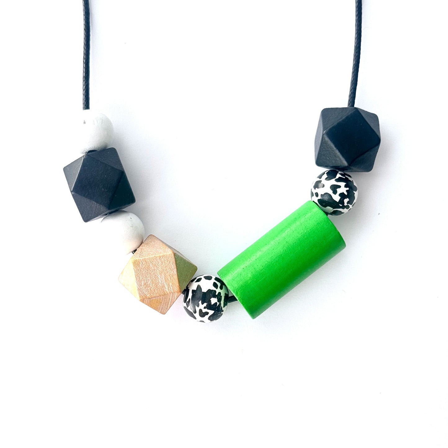 Bold Geometry Bead Necklace – Neon Green & Monochrome Hand-Painted Statement on Adjustable Leather Cord