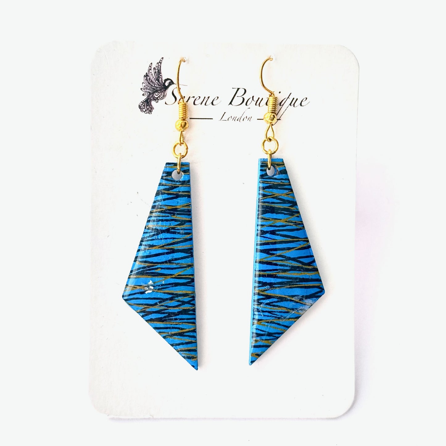 Hand-Painted Geometric Wooden Drop Earrings – Blue Abstract Angular Statement Design