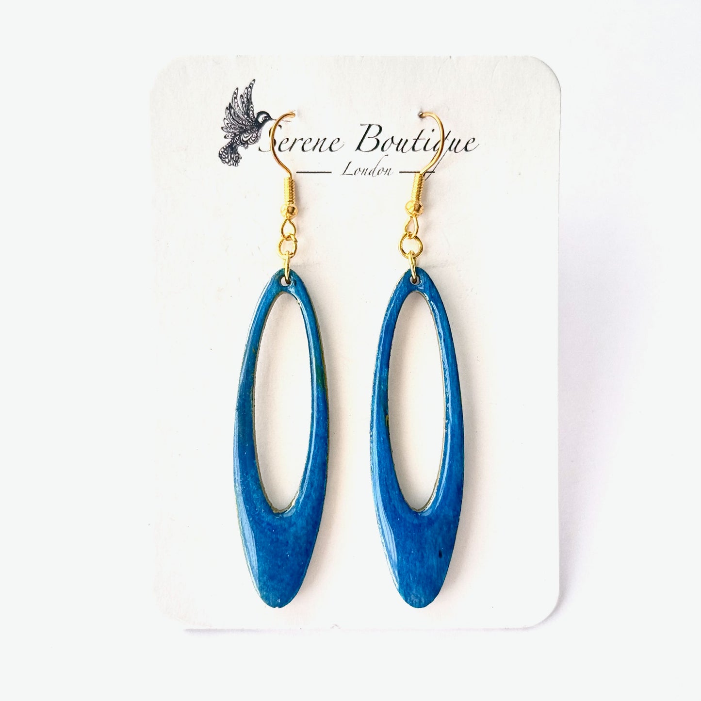 Hand-Painted Open Oval Wooden Drop Earrings – Deep Blue Minimalist Statement Hoops