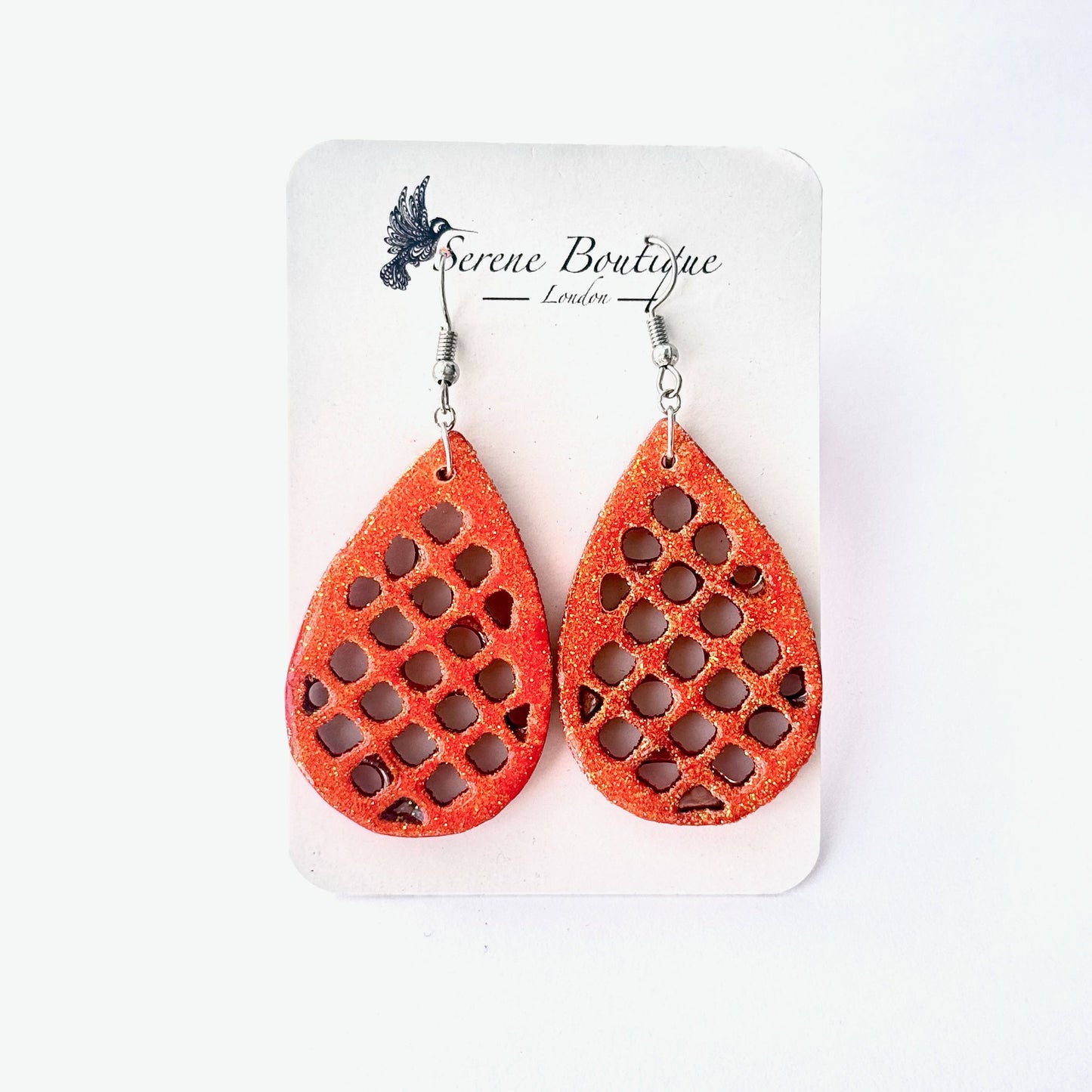 Sample - Hand-Painted Wooden Teardrop Cut-Out Earrings – Orange Textured Statement Drops
