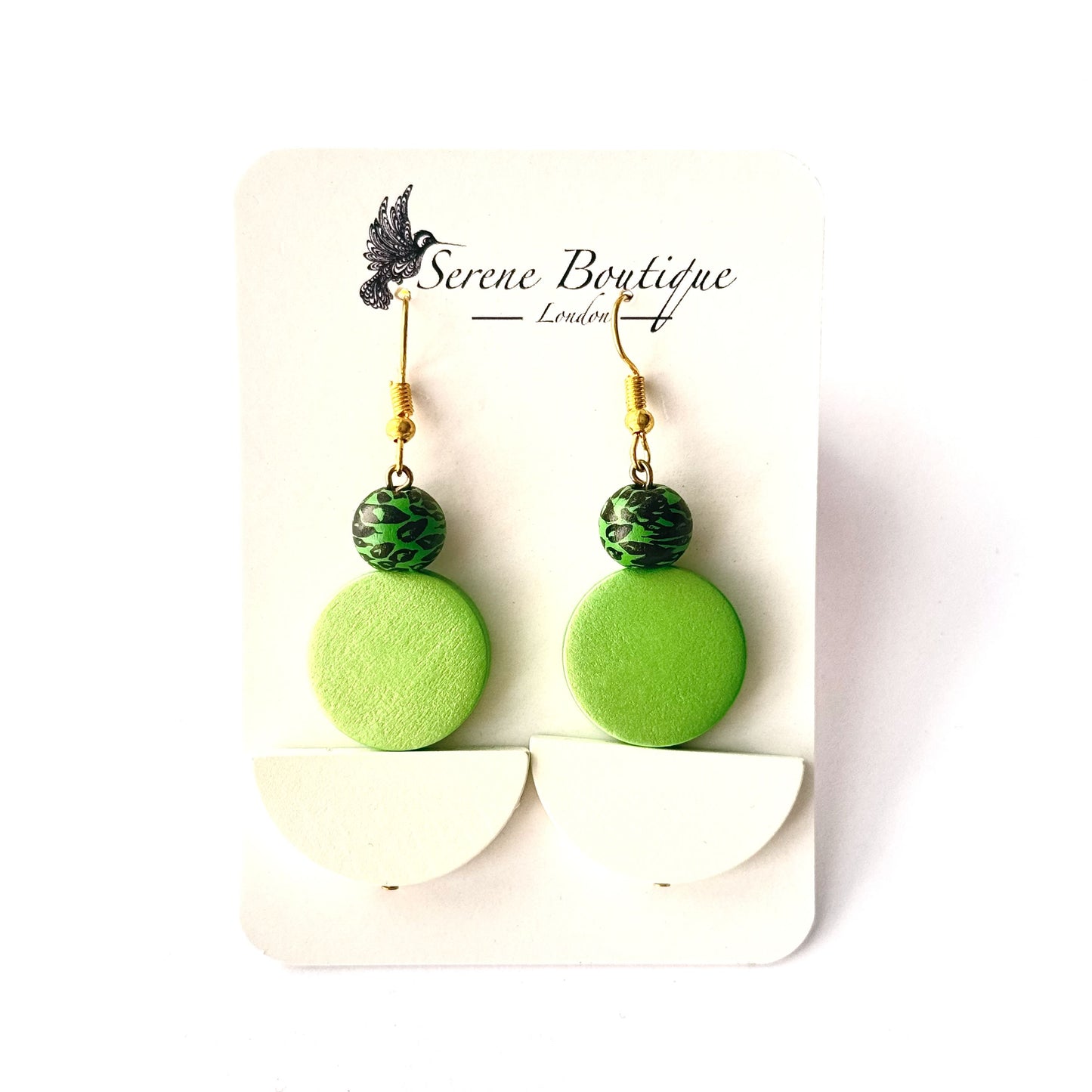 Hand-Painted Wooden Bean Drop Earrings – Lime Geometric Design | Medium Statement Drops