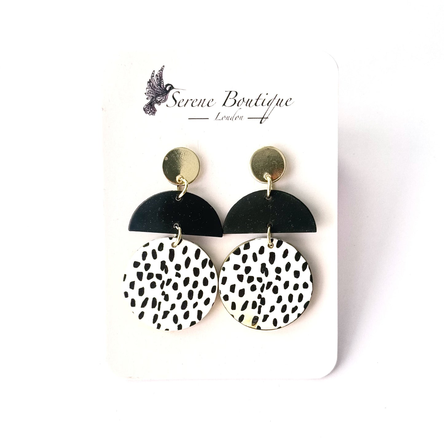 Acrylic Statement Drop Earrings – Geometric Contrast Design | Polka Dot Gold Disc Drops