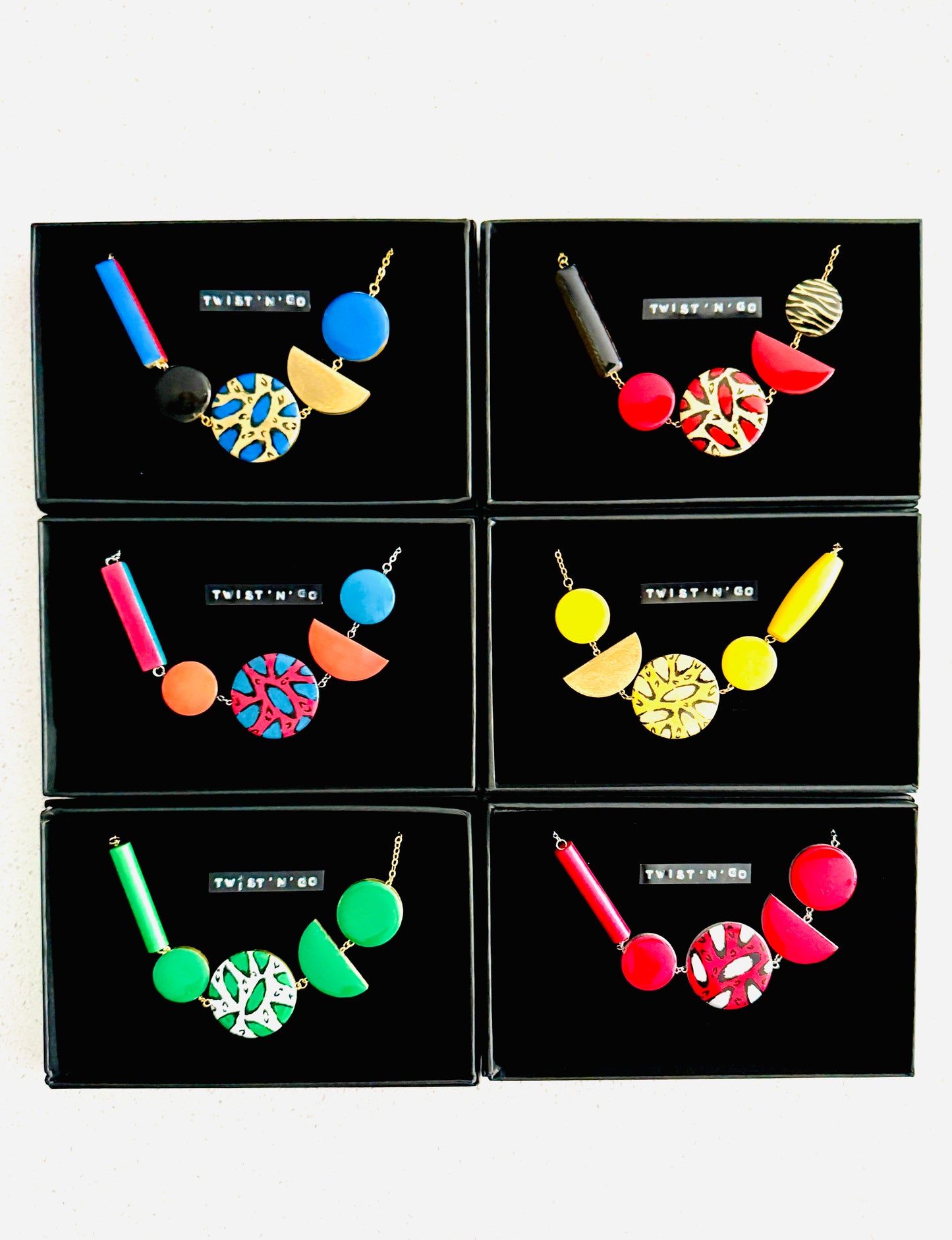 Twist ‘N’ Go Black White Hand-Painted Transforming Wooden Necklace – Multi-Shape Statement Piece