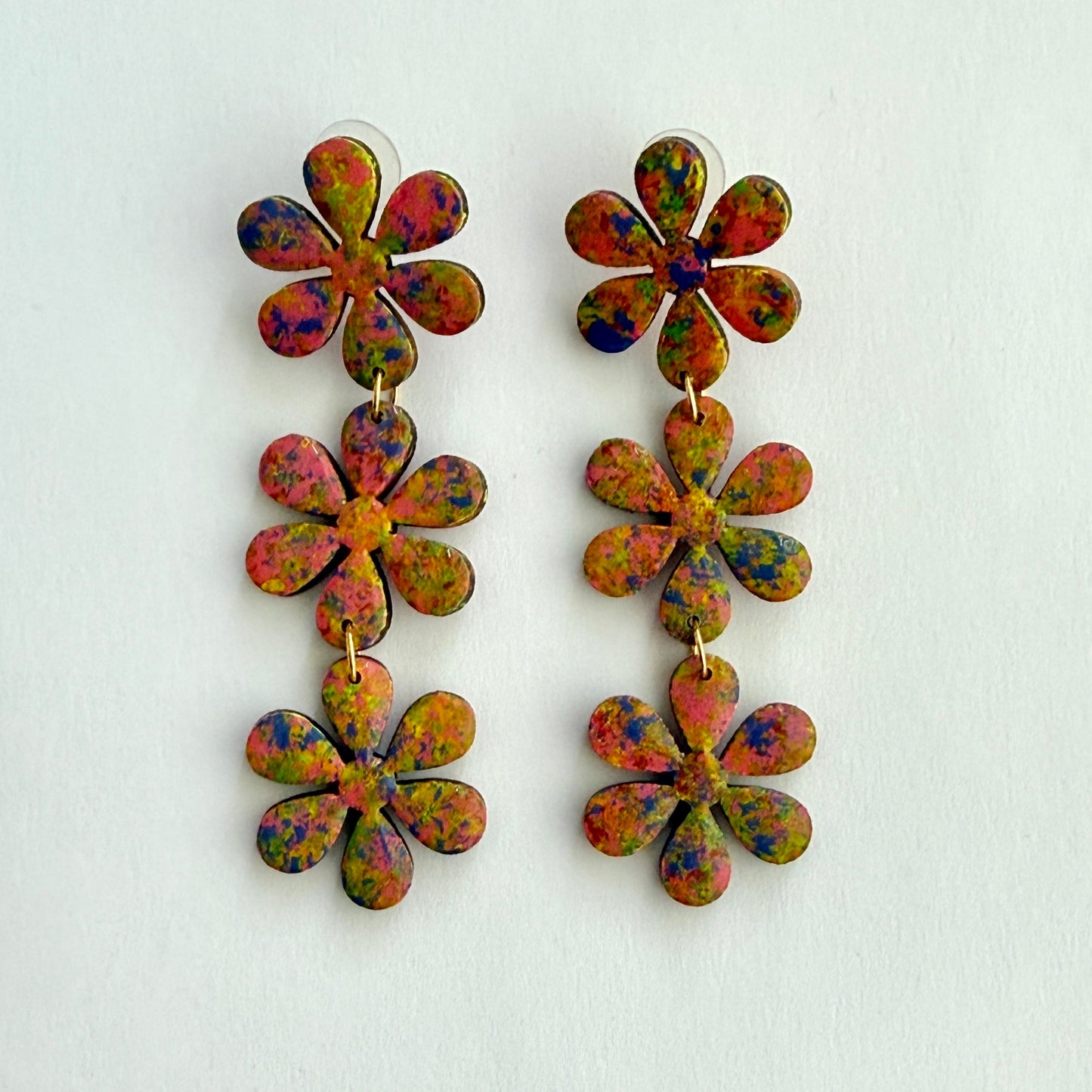 Luxury Handpainted Triple Flower Drop Earrings – Multicolour Abstract Floral Statement Earrings – Sterling Silver or Gold Plated Sterling Silver Hooks