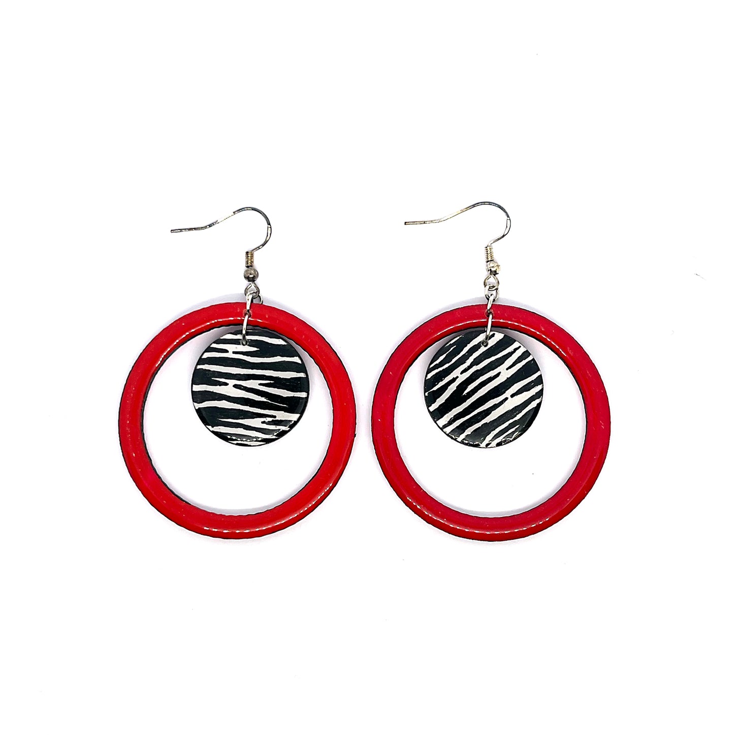 Serene Boutique Red Hoop Earrings with Zebra Disc – Hand-Painted Wood, Resin Gloss & 925 Sterling Silver Hooks (6.5cm Drop)