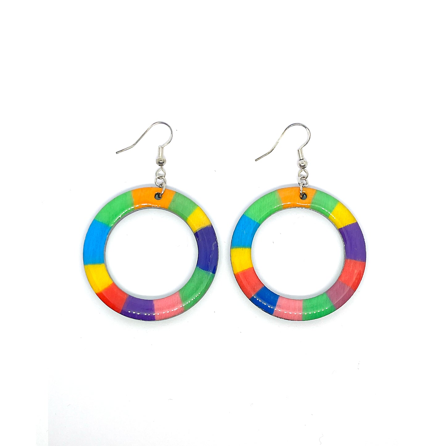 Serene Boutique Small Rainbow Hoop Earrings – Hand-Painted Wood, Resin Gloss & 925 Sterling Silver Hooks (5.5cm Drop)