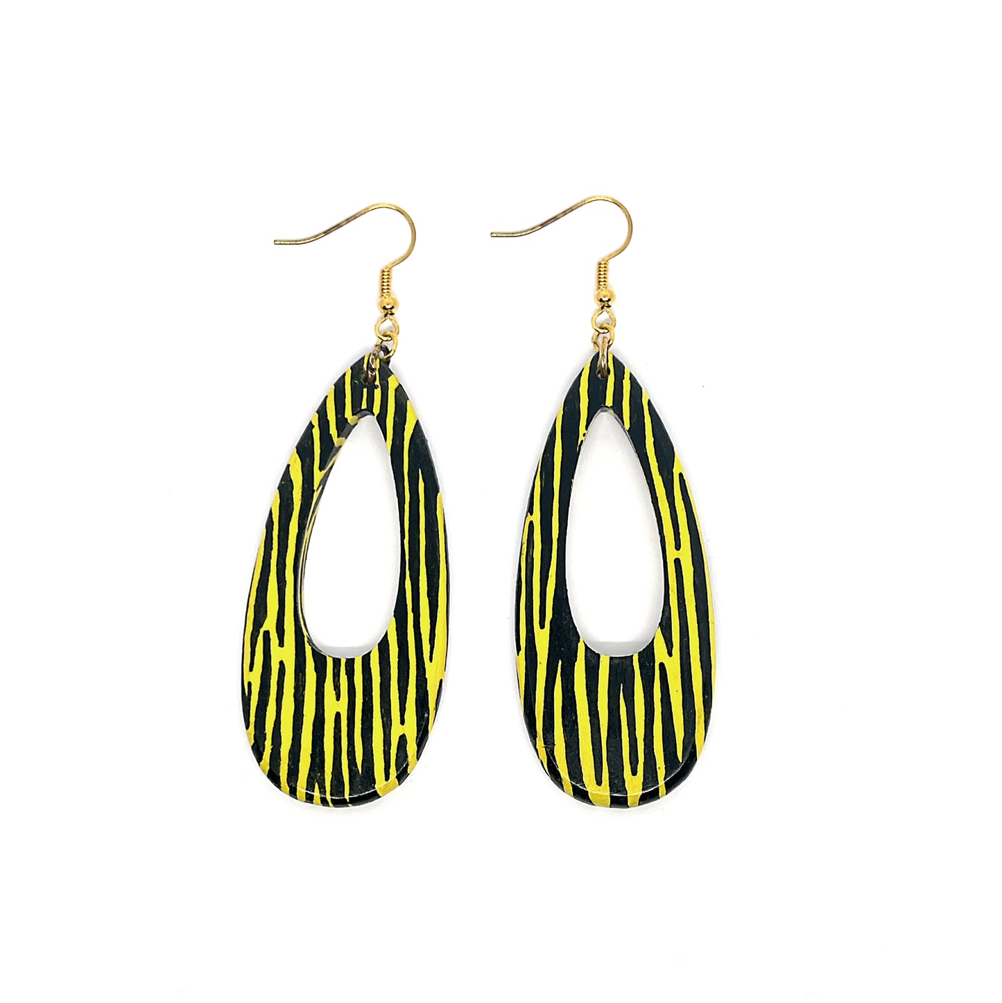 Serene Boutique Yellow Zebra Drop Earrings – Hand-Painted Wood, Satin Varnish Finish & Gold-Plated 925 Hooks