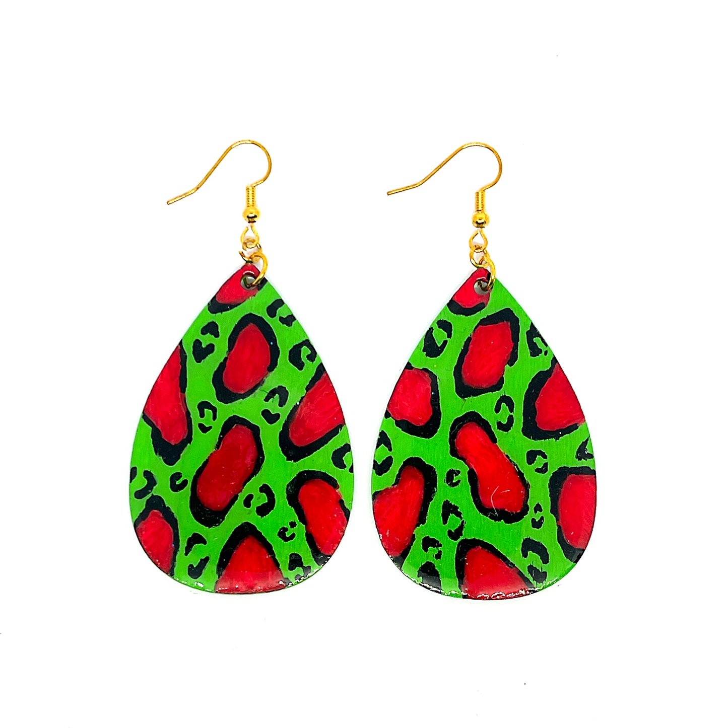 Serene Boutique Green & Red Leopard Print Teardrop Earrings – Hand-Painted Wood, Resin Finish, Gold-Plated 925 Sterling Silver Hooks