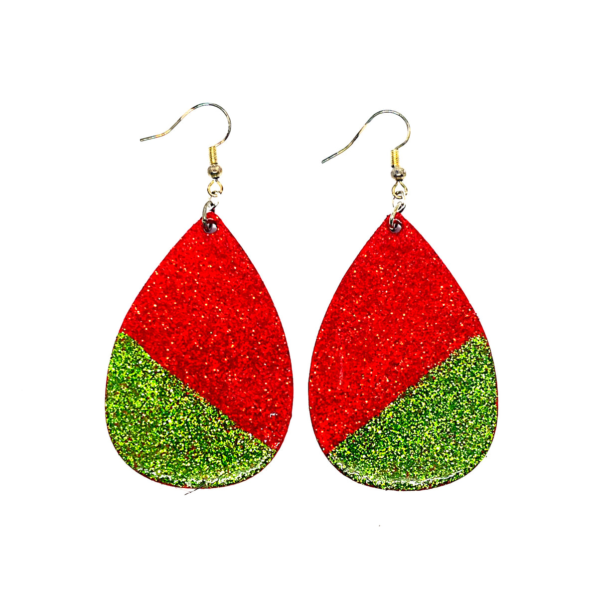 Serene Boutique Red & Green Glitter Teardrop Earrings – Hand-Painted Wood with Resin Gloss & 925 Sterling Silver Hooks