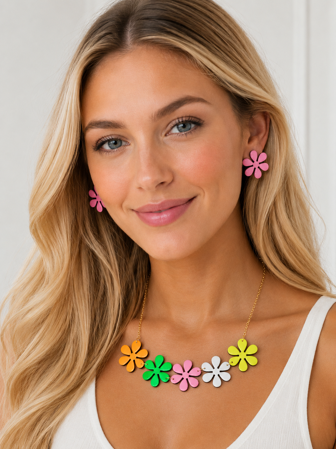 Bright Rainbow Flower Blossom Necklace – Hand-Painted Flowers
