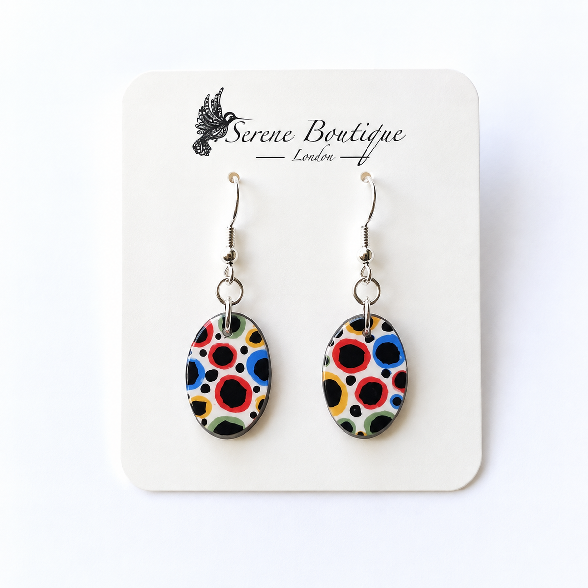 Handpainted Oval Wooden Drop Earrings – Abstract Dot Art Design – Sterling Silver Hooks