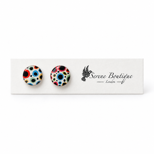 Handpainted Colour Pop Wooden Stud Earrings – Abstract Dot Design – Sterling Silver Posts