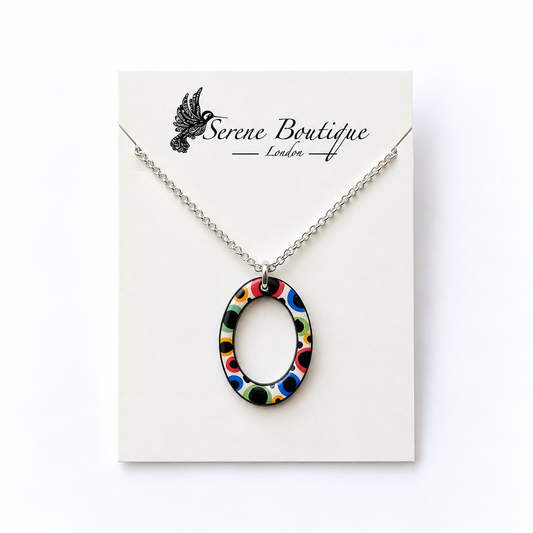 Handpainted Colour Pop Wooden Oval Pendant Necklace – Sterling Silver Chain