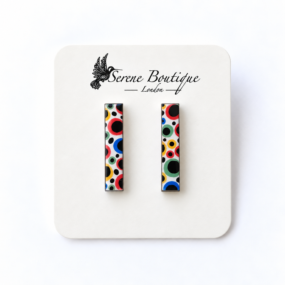 Handpainted Yayoi Kusama Inspired Wooden Bar Stud Earrings – Abstract Polka Dot Design – Sterling Silver Posts