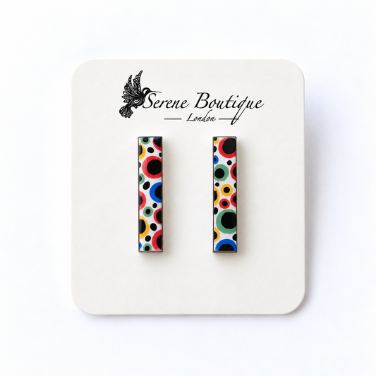 Handpainted Yayoi Kusama Inspired Wooden Bar Stud Earrings – Abstract Polka Dot Design – Sterling Silver Posts