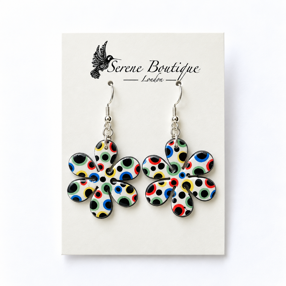 Handpainted Yayoi Kusama Inspired Floral Wooden Drop Earrings – Abstract Polka Dot Design – Sterling Silver Hooks