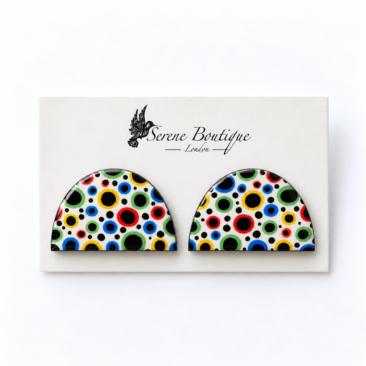 Handpainted Yayoi Kusama Inspired Wooden Statement Stud Earrings – Multicolour Polka Dot Half Moon Design – Sterling Silver Posts