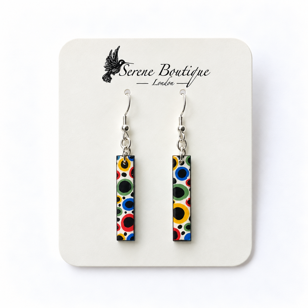 Handpainted Yayoi Kusama Inspired Wooden Bar Drop Earrings – Multicolour Polka Dot Design – Sterling Silver Hooks