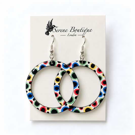 Yayoi Kusama Inspired Handpainted Wooden Hoop Earrings – Multicolour Polka Dot Statement Earrings – Silver Hooks