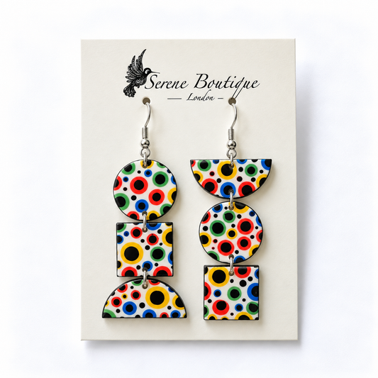 Yayoi Kusama Inspired Handpainted Asymmetric Geometric Earrings – 3 Shape Multicolour Polka Dot Drops – Silver Hooks