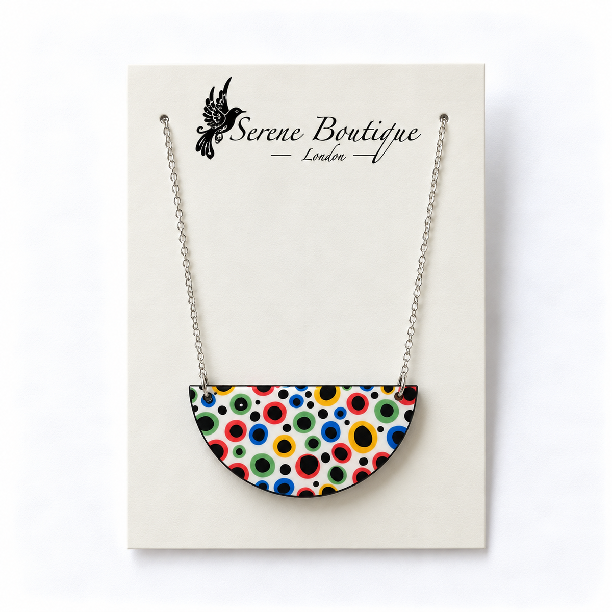 Yayoi Kusama Inspired Handpainted Half-Moon Necklace – Multicolour Polka Dot Wooden Pendant – Silver Chain