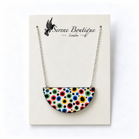 Yayoi Kusama Inspired Handpainted Half-Moon Necklace – Multicolour Polka Dot Wooden Pendant – Silver Chain
