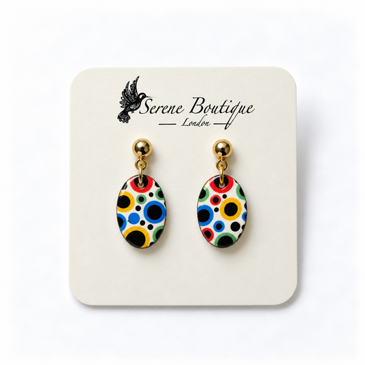 Yayoi Kusama Inspired Handpainted Oval Drop Earrings – Multicolour Polka Dot Design – Gold Studs