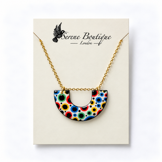 Yayoi Kusama Inspired Handpainted Geometric Necklace – Multicolour Polka Dot U-Shaped Wooden Pendant – Gold Chain