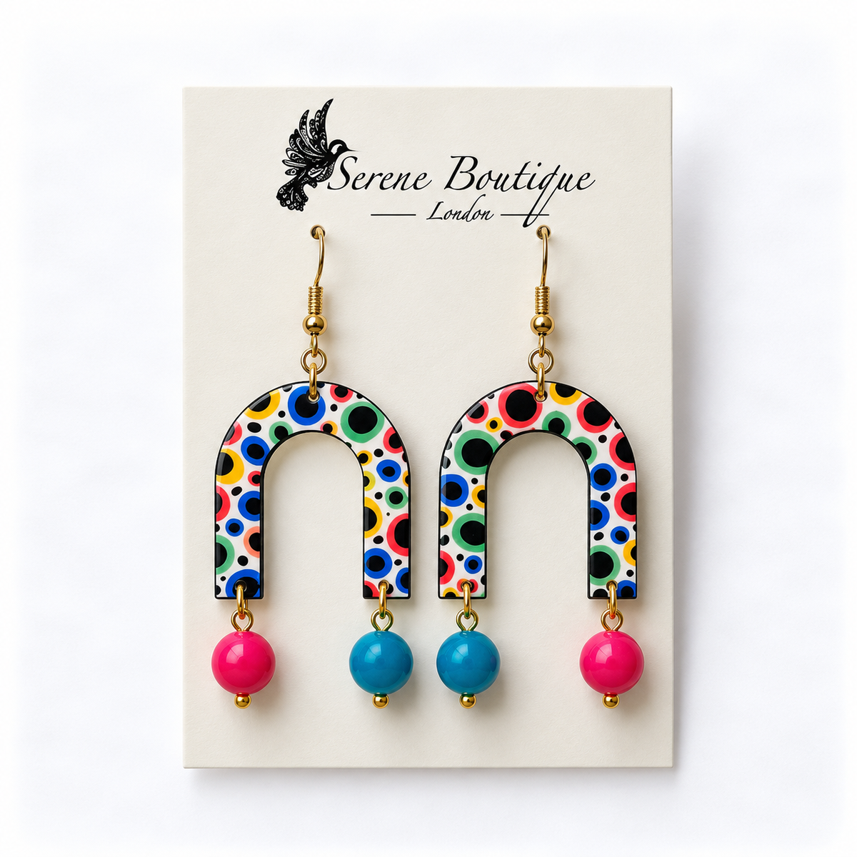 Yayoi Kusama Inspired Handpainted Geometric Drop Earrings – Multicolour Polka Dot Circle & Arch Design – Silver Hooks