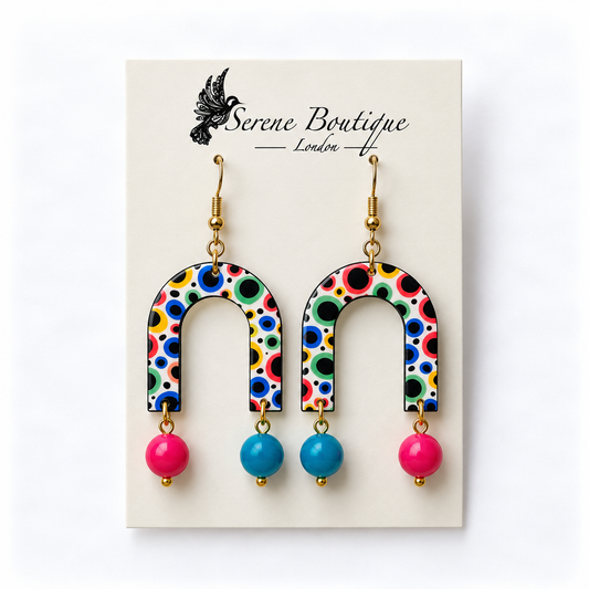 Yayoi Kusama Inspired Handpainted Geometric Drop Earrings – Multicolour Polka Dot Circle & Arch Design – Silver Hooks