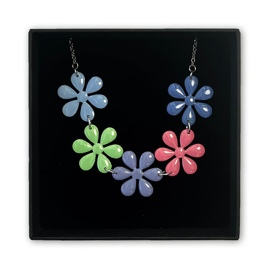 Pastel Flower Blossom Statement Necklace – Hand-Painted Wood & Resin