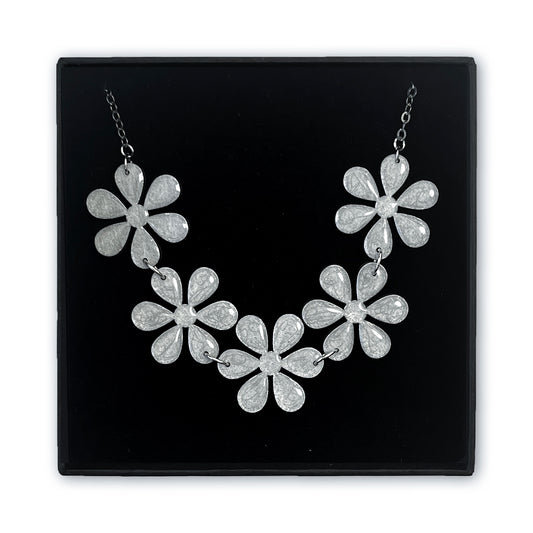 Silver Shimmer Flower Blossom Necklace – Resin Finished