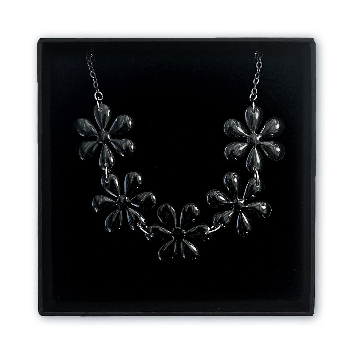 Midnight Black Gloss Flower Blossom Necklace – Resin Finished