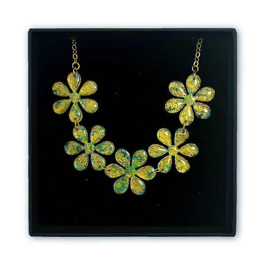 Gold Leaf Glitter Flower Blossom Necklace – Resin Finished