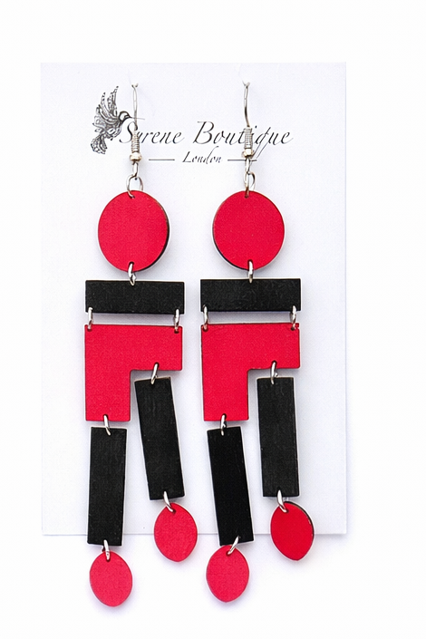 Serene Boutique Geometric Asymmetrical Fun Earrings – Hand-Painted Wood, Varnish finish & 925 Sterling Silver Hooks
