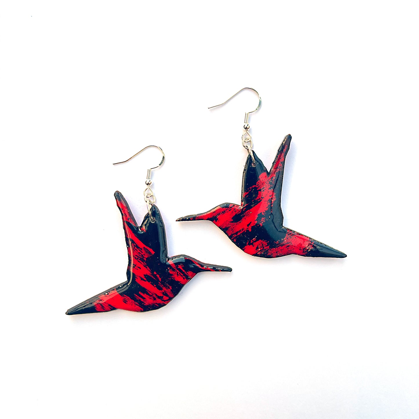 Red & Black Hand-Painted Wooden Hummingbird Earrings – Lightweight Laser-Cut Design with Sterling Silver 925 Hooks