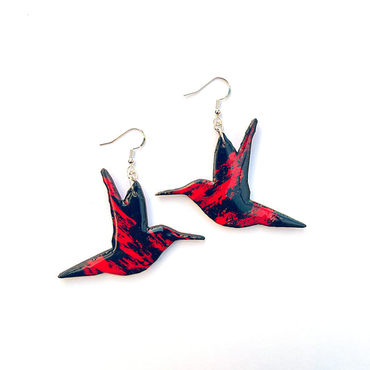 Red & Black Hand-Painted Wooden Hummingbird Earrings – Lightweight Laser-Cut Design with Sterling Silver 925 Hooks