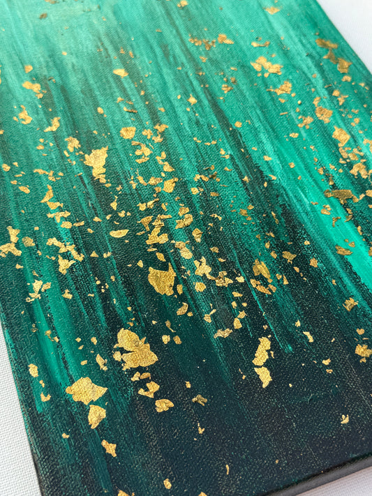 Emerald Rain – Original Acrylic & Gold Leaf Abstract on Canvas (30 × 21 cm)