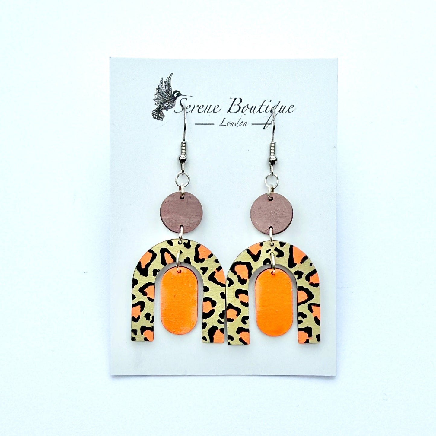 Serene Orange Animal Geometric Earrings – Hand-Painted Wood, Varnish finish & 925 Sterling Silver Hooks