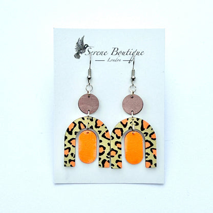 Serene Orange Animal Geometric Earrings – Hand-Painted Wood, Varnish finish & 925 Sterling Silver Hooks