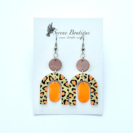 Serene Orange Animal Geometric Earrings – Hand-Painted Wood, Varnish finish & 925 Sterling Silver Hooks