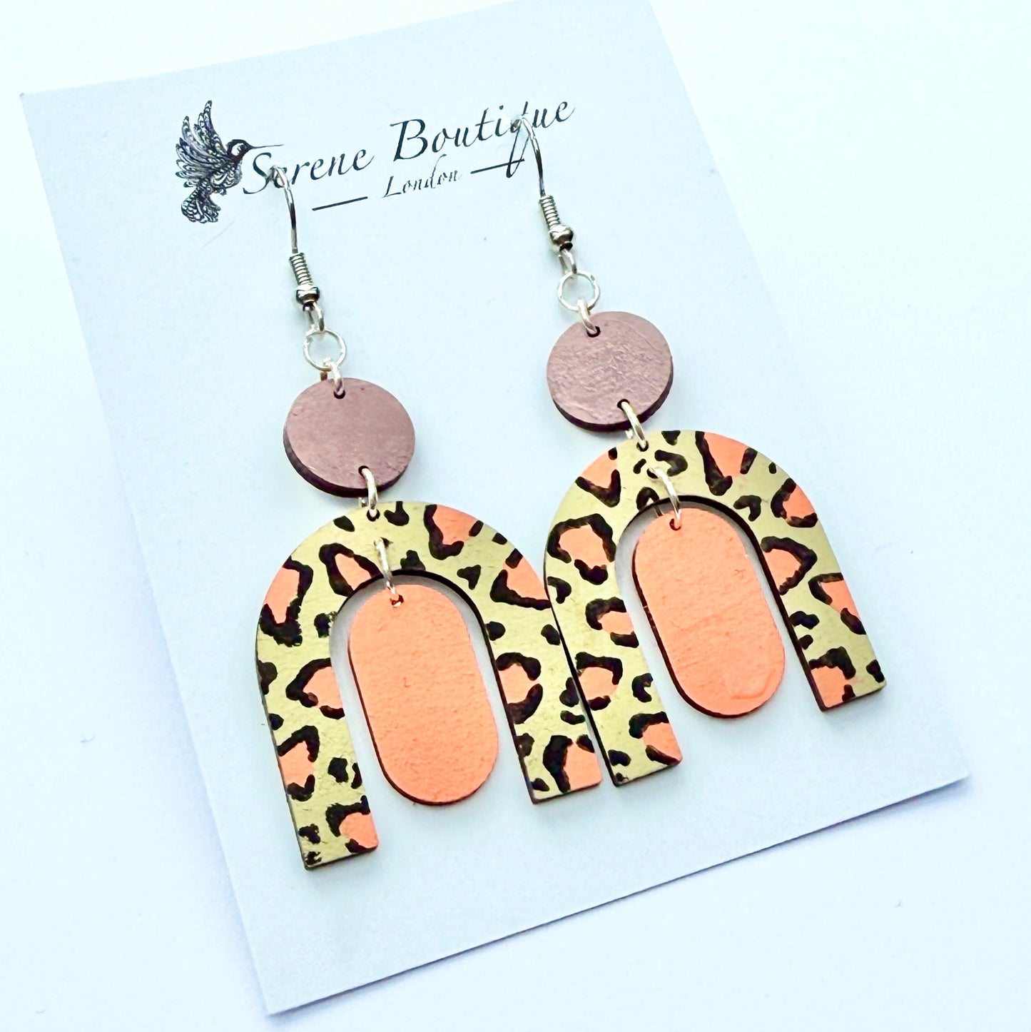 Serene Orange Animal Geometric Earrings – Hand-Painted Wood, Varnish finish & 925 Sterling Silver Hooks