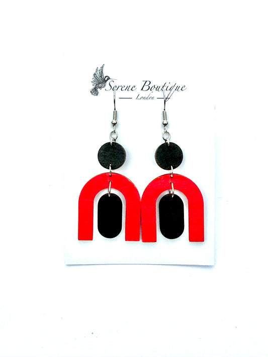 Red Black Geometric Earrings – Hand-Painted Wood, Varnish finish & 925 Sterling Silver Hooks