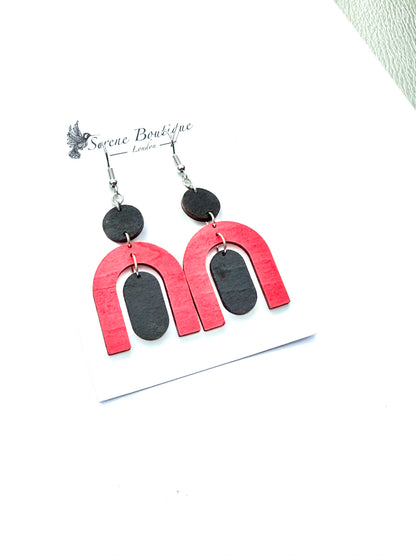 Red Black Geometric Earrings – Hand-Painted Wood, Varnish finish & 925 Sterling Silver Hooks