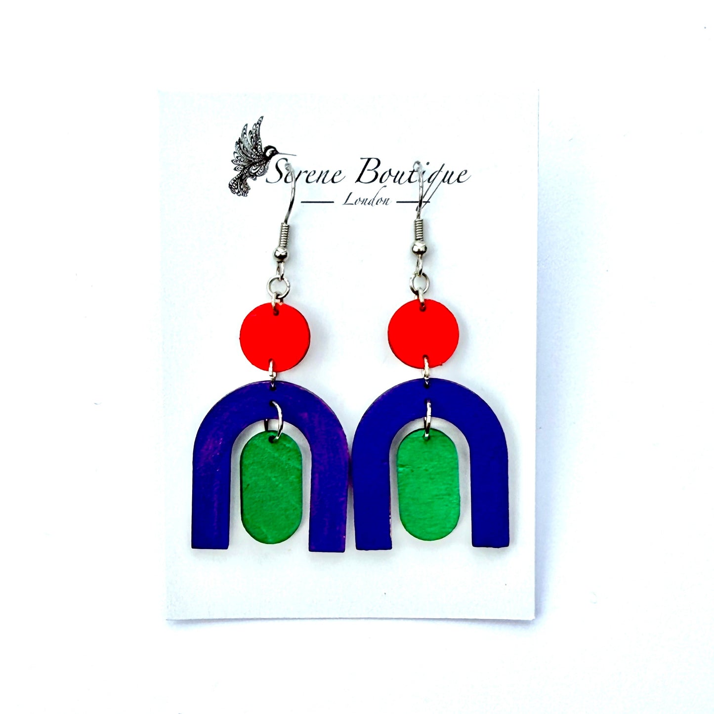 Serene Boutique Geometric Earrings – Red Green Blue Hand-Painted Wood, Varnish finish & 925 Sterling Silver Hooks